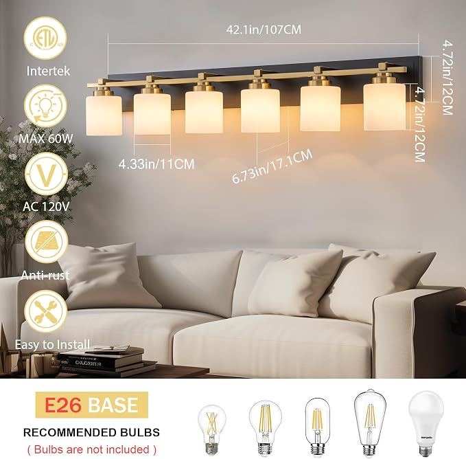 Modern Bathroom Light Fixtures Over Mirror, Vanity Lights for Bathroom Wall Sconces with Milky White Glass Shades, E26 Socket (Bulbs Not Included), 6 Light, Black Gold