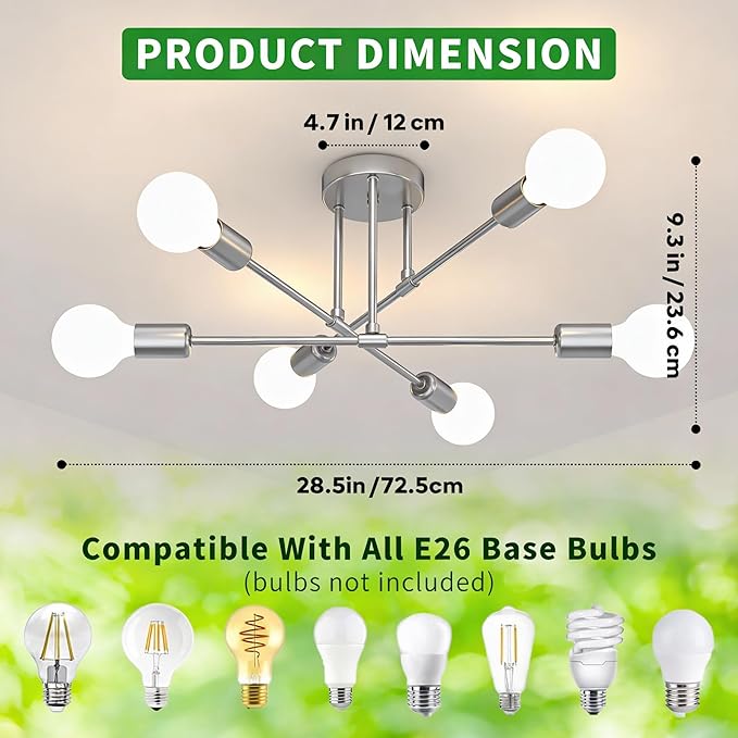 Modern Sputnik Chandelier Ceiling Light Fixtures, 6-Lights 22” Mid Century Industrial Metal Semi Flush Mount for Dining Room, Bedroom, Living Room-Glossy Silver