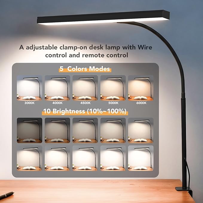 LED Desk Lamp with clamp, Remote Control Desk Lamp, 5 Color Modes & 10 Brightness Levels, 17'' Wide Light Bar, Eye Caring Gooseneck Desk Light, Adapter Included