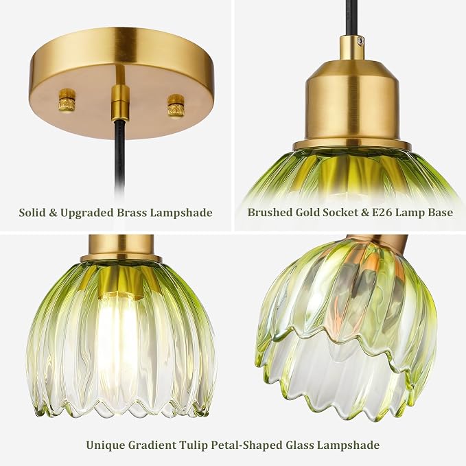 TALOYA 3 Pack Green with Tulip Glass Pendant Light, Vintage Hanging Light | Adjustable Farmhouse Mini Pendant Lighting Fixture for Kitchen Island, Dining Room, Bedroom, Hallway & Bar Decor