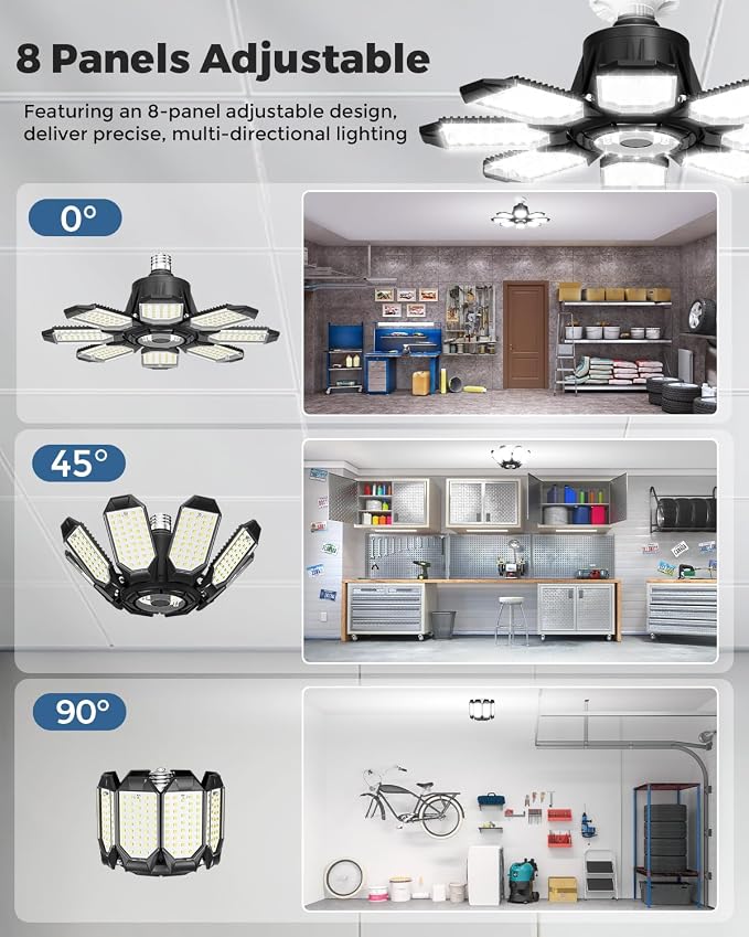 Garage Lights w/ 8 Deformable Panels, 56000LM 6500K Ultra Brighter | LED Garage Lighting Fixture Screw in E26 E27 Socket Light Bulbs for Basement Workshop Attic Utility Laundry Storage, 4 Pack