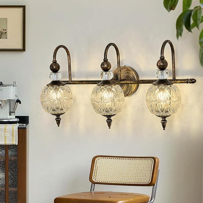 Piepooye Vintage Bathroom Light Fixtures Bronze Vanity Light with Glass Globe LampShade 3 Lights Mid Century G9 Bulb Wall Sconce Indoor Vanity Light Over Mirror for Bedroom Farmhouse Hallway