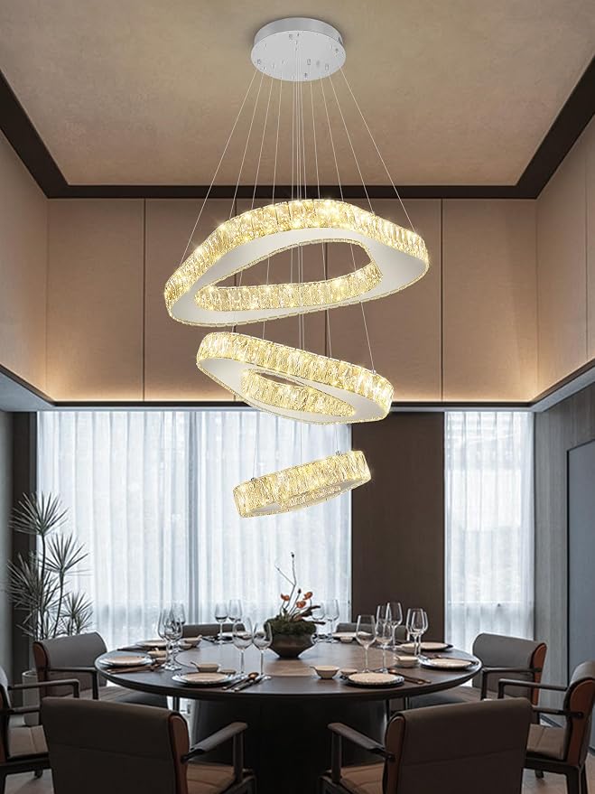 Modern Led Chandelier Adjustable 3 Rings Crystal Chandelier for Living Room Foyer Stairwell Lighting High Ceiling Light Dimmable 2700K-6000K