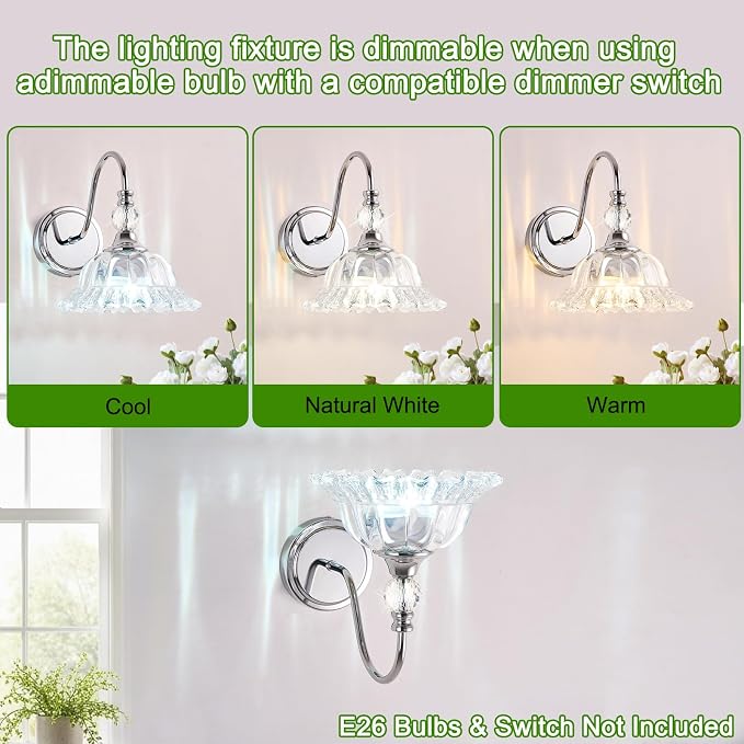 Bathroom Vanity Light Fixtures Single-Head Wall Sconces Lighting with Floral Crystal Glass Shade Chrome Wall Lights for Bathroom,Bedroom,Hallway,Bedside(Bulbs Not Included)