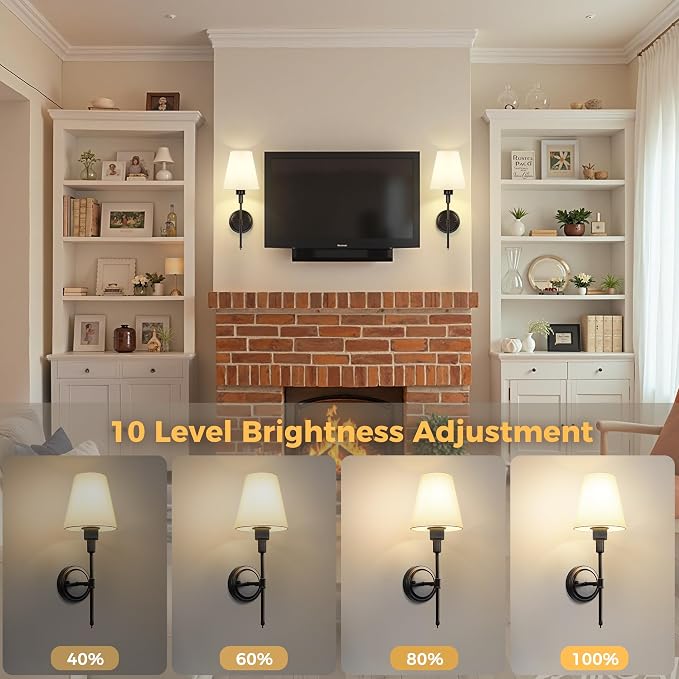Battery Operated Wall Sconce: Set of 2 Wireless Wall Light 12000mAh | 15 Color Rechargeable Wall Sconces, Sconce Wall Decor Set of 2 for Bedroom, Living Room, Black 18.7in