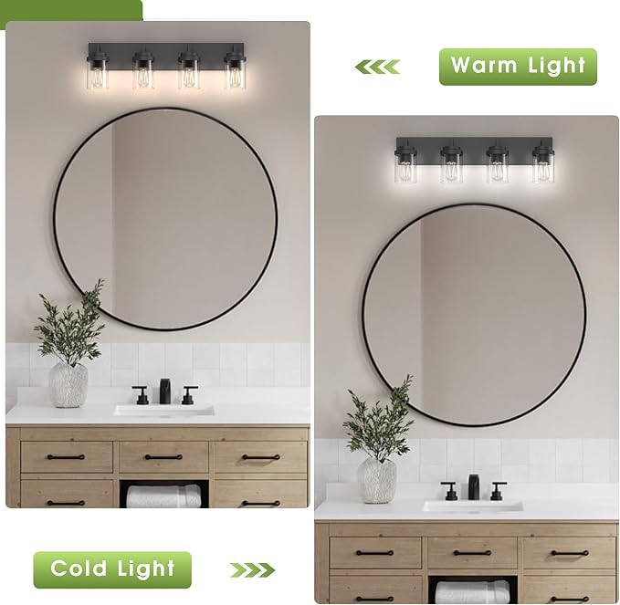Bathroom Vanity Light, 4 Light Matte Black Vanity Light with Clear Glass Shade, 30in Farmhouse Vanity Light, Bathroom Lighting Fixtures Over Mirror for Bathroom