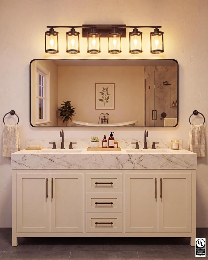 6-Light Matte Black Bathroom Light Fixtures Over Mirror with Clear Glass and Metal Cage Shade, 42" UL-Listed Modern Farmhouse Wall Sconce for Bath, Hardwire E26, OS-3014BK-6W