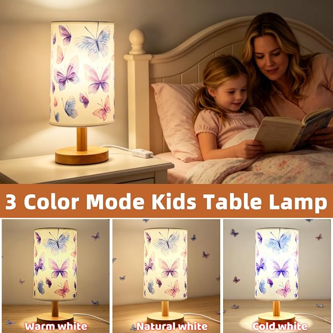 Butterfly Kids Table Lamp for Bedroom Girls Bedside Lamps 3 Colors Modes LED Nightstand Night Light with Cartoon Linen Lampshade Desk Lamp for Girls Boys Room Nursery Decor,Butterfly Gifts for Girl