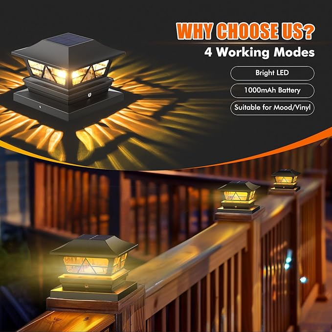 Viewsun Solar Post Lights Outdoor Waterproof RGB Color Changing Modes Fence Post Cap Lights, Deck Post Lights Solar Powered for 4x4 5x5 6x6 Wooden or Vinyl Yard Garden Patio Decor, Black(4 Pack)