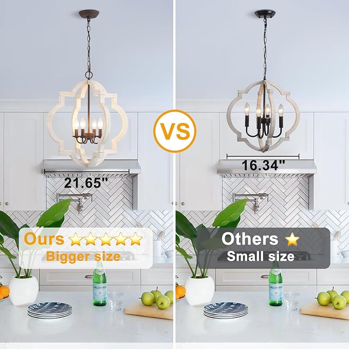 22" Farmhouse Chandelier Distressed White Wood Dining Room Light Fixture | Oak, Rustic Country Style, Large Lantern, 4-Light Hanging Pendant Light For Foyer Entryway Kitchen Island Bedroom Over Table