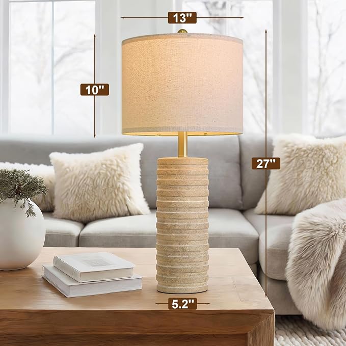 PoKat 27'' Farmhouse Table Lamps Set of 2 for Living Room, Stone Like | Bedside lamp for bedroom, boho and distressed style, hand-textured ceramic design, tall lamp decor for sideboard & entryway
