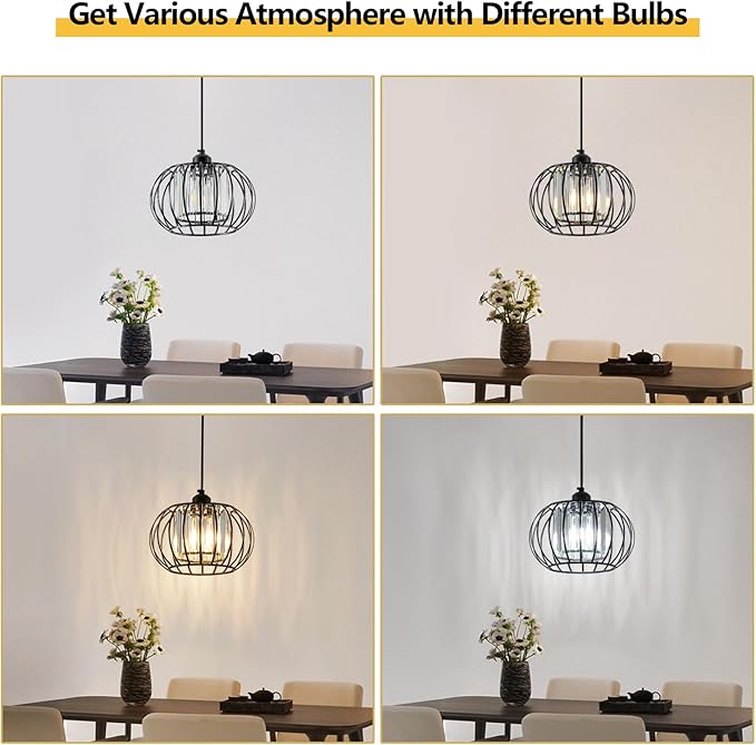 Black Pendant Light Fixture, Farmhouse Hanging Lights with Crystal, Adjustable Mini Kitchen Pendant Light, Modern Industrial Metal Wire Caged Hanging Pendant Lamp for Living Room, Bedroom