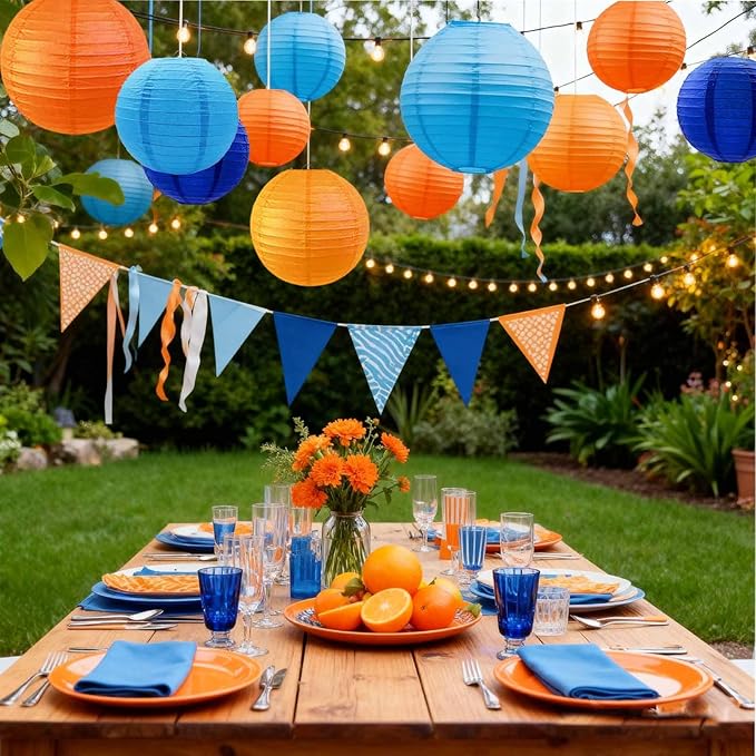 Blue Orange and Navy Blue Paper Lanterns 12Pcs Hanging Round Paper Lanterns Decorative for Graduation Baby Shower Wedding Birthday Family Parties ﻿