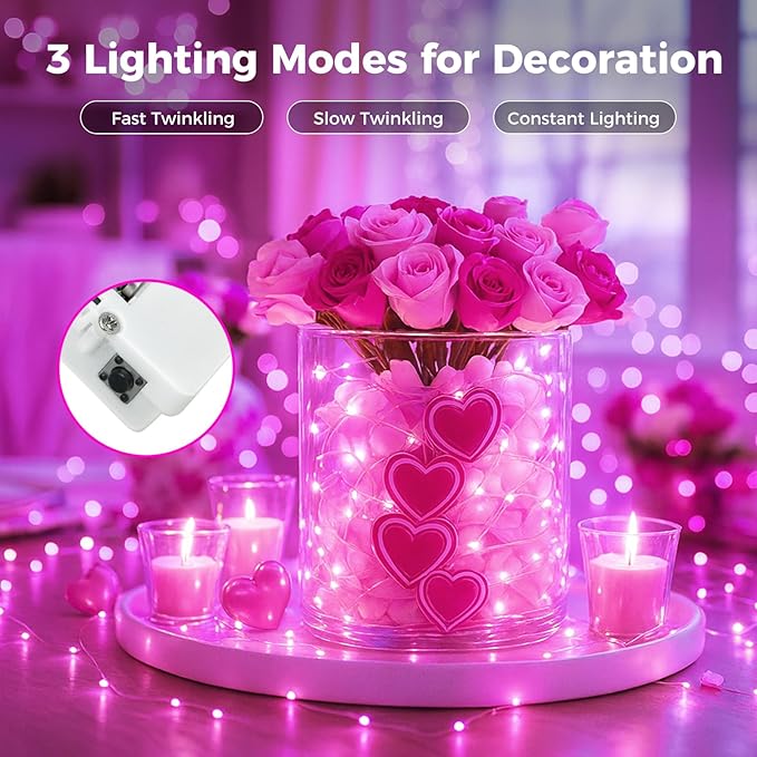 litogo 12 Pack 7FT 20 LED Fairy Lights Battery Operated, 3 Lighting Modes, Bulk Mini Twinkle String Lights Waterproof Silver Wire for Weddings Mason Jars Party Christmas Decorations-Pink