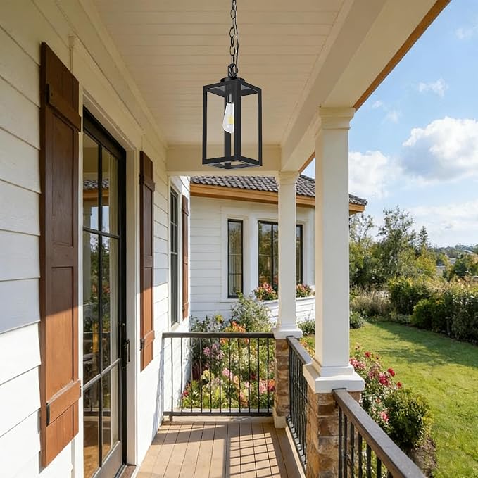 13" Outdoor Pendant Light for Porch - Farmhouse Exterior Hanging Lantern with Clear Glass,Weatherproof for Entryway, Doorway, Patio, Garden, and Outdoor Spaces