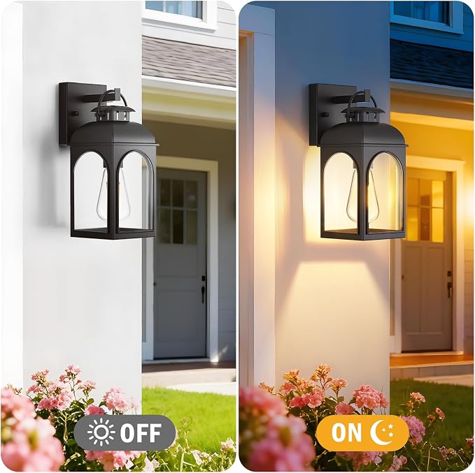 EJIAXIN 2 Pack Outdoor Wall Lights,Modern Black Exterior Wall Lanterns | Waterproof Metal Construction,Rust-resistant,Clear Glass Shades,Standard E26 Socket,Quick Installation,for Garage Doorway