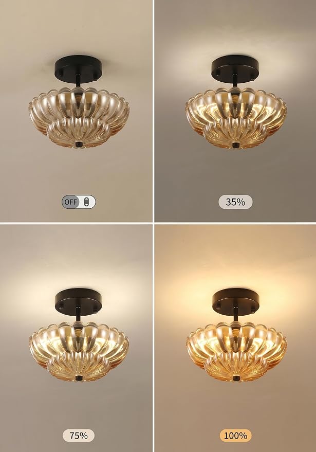 Semi Flush Mount Ceiling Light, Mini Vintage Black Close to Ceiling Light Fixture with Glass Shade, Modern Lighting for Bedroom Hallway Kitchen Laundry-Amber