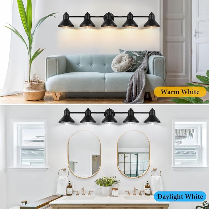 Bairth Bathroom Light Fixtures,5-Light Black Metal Vanity Light Over Mirror | Farmhouse Rustic Industrial Bathroom Vanity Light, Modern Bathroom Lights with Metal Shade for Living Room Cabinet Hallway
