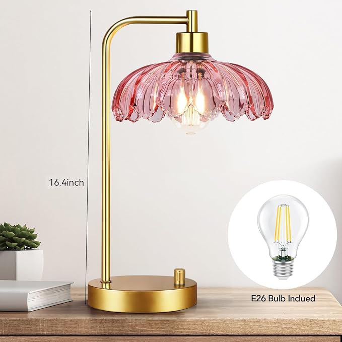 ILLMTW Pink Table Lamp Set of 2,Small Gold Bedside Lamps Dimmable Boho Bedroom Lamp with Tulip Flower Glass Lamp Shade,Vintage Mid Century Modern Mini Nightstand Lamp for Bedroom Living Room