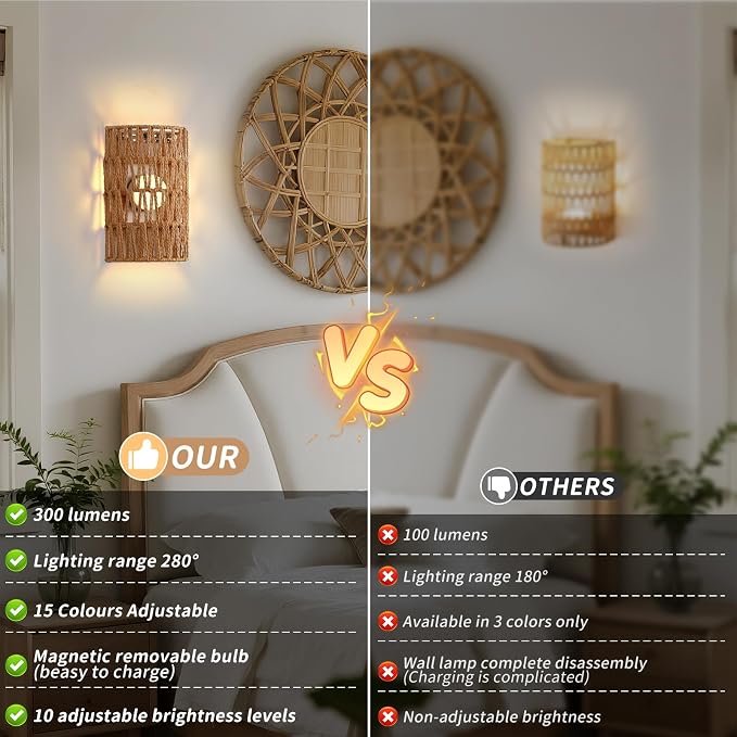 Battery Powered Wall Sconce, Rattan Rechargeable Wall lamp, Bohemian Wall Sconces with Remote Control RGB Dimmable, Wireless Wall Sconce Set of 2 for Bedroom, Hallway, Living Room