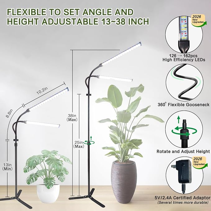 Professional Grow Lights for Indoor Plants Growing, Full Spectrum | 2026 Upgrade,162 LEDs, Height Adjustable 13-38", 3 Spectrum Modes,10 Dimming Levels, Plant Grow Lights with 4/8/12/18H Timer