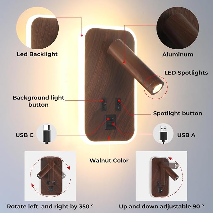 Wall Sconce Plug in with Wall Mounted Reading Lights with Switch | Wall Lights for Bedroom with USB C+A Ports, Bunk Bed Lights with 9W Night Light, Walnut Color Reading Light Adjustable Angle