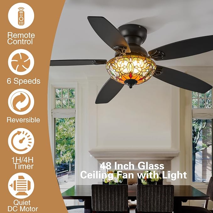 Tiffany Ceiling Fans with Lights-48"Ceiling Fan Chandelier and Glass Shade | 48" Ceiling Fan Chandelier with 5 Dual-Blades and Glass Shade, 6 Speeds and Reversible, Indoor and Outdoor, Retro Style