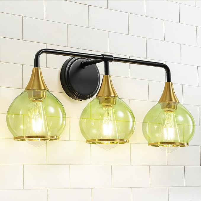 Black and Gold Bathroom Vanity Light 3-Lights Bathroom Light Fixtures Over Mirror with Green Clear Glass Shade 22.4 inch Wall Sconce Lighting Bath(Exclude E26 Bulb)