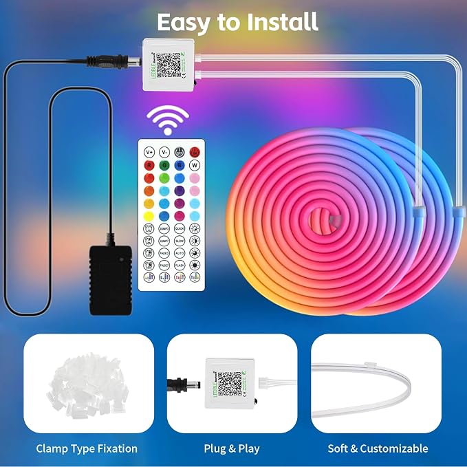 20FT RGB LED Neon Rope Lights, App & Remote Control, Flexible Waterproof IP65 Led Strip Lights, Music Sync Color Changing Multiple Modes Neon Lights for Bedroom Gaming Room Indoor & Outdoor Decor