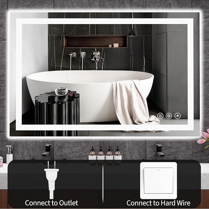 Koonmi 48x24 LED Bathroom Mirror with Light, Anti-Fog, 3 Colors | Backlit + Front Lit, Dimmable Brightness, Shatterproof HD Distortion-Free Tempered Glass, Hardware Included