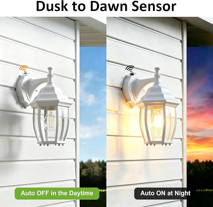 Outdoor Wall Light Fixture, Rustproof Aluminum, Glass | Dusk to Dawn Large Exterior Porch Light Wall Sconce Lantern for House, Patio, Garage, Waterproof, E26 Socket 60W Max, White