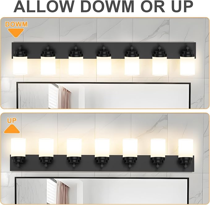 IZORRO Bathroom Vanity Light Fixture, 7-Light 52 inch Matte Black Bathroom Light Fixtures Over Mirror, with White Glass Shade, Modern Farmhouse Vanity Lights, Rustic Restroom Lighting Fixtures