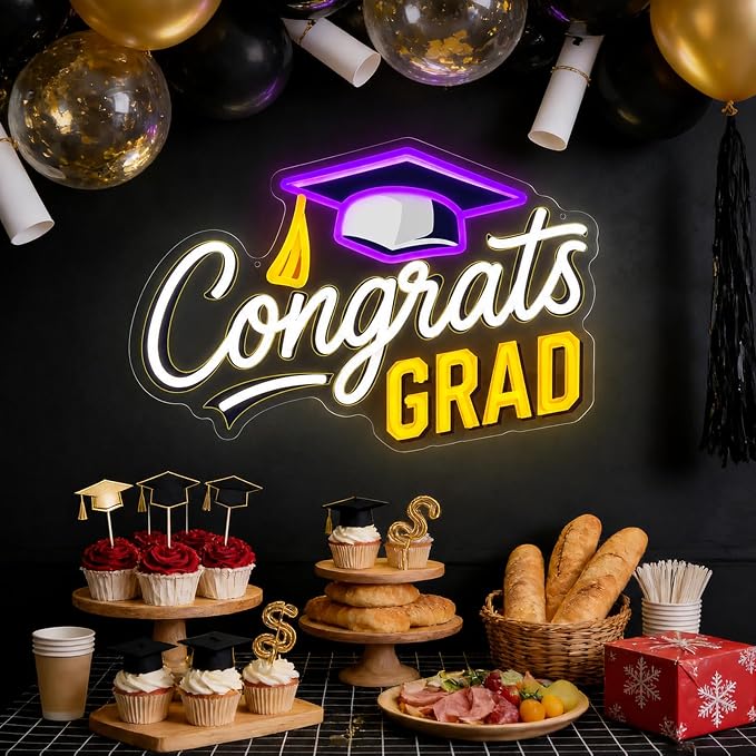 Congrats Grad Neon Sign Dimmable LED Graduation Party Wall Decor | Congrats LED Neon Light with Graduation Cap for Classroom, Dorm, Prom Backdrop, Graduation Party Decorations & Gifts