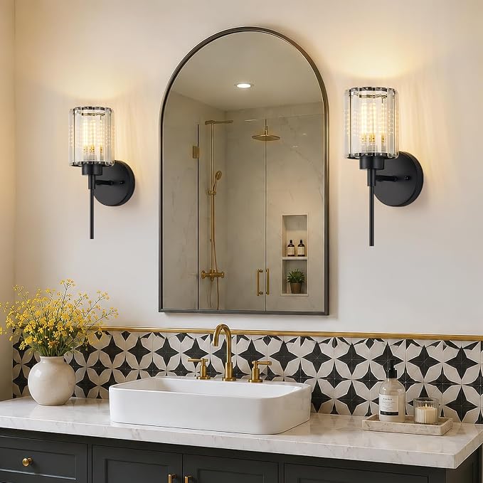 Modern Wall Sconces Set of 2, Matte Black Wall Lights with Clear K9 Crystal Shades, Bathroom Vanity Lights for Bedroom, Living Room, Hallway
