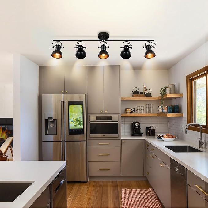 5-Light Kitchen Track Lighting Fixtures Ceiling, Black Semi Flush Mount Track Ceiling Light with 5 Flexibly Rotatable Lighting Heads Track Lighting Kit Ceiling Spot Lighting, Dia 47.24in