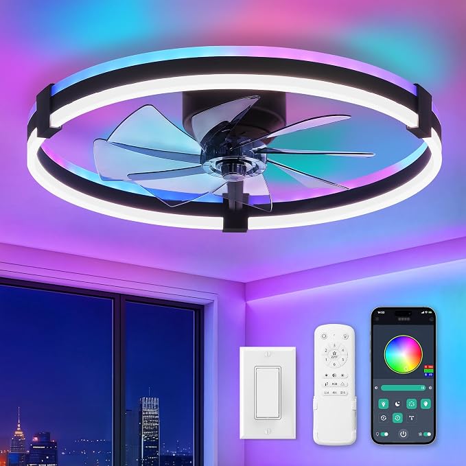 ZMISHIBO 23" RGB Low Profile Ceiling Fans with Lights and Remote, Black | Custom RGB+3CCT Dimmable, 6 Speeds, Remote/App Control, Reversible DC Motor, Memory, Timer, Modern Fandelier for Kids/Bedroom
