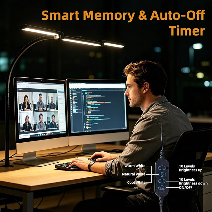 LED Desk Lamp with Clamp for Home Office, Wide Light for Dual Monitors | Wide triple-head lighting with 5 CCT, 10 brightness levels, flexible gooseneck, timer & memory for work or study