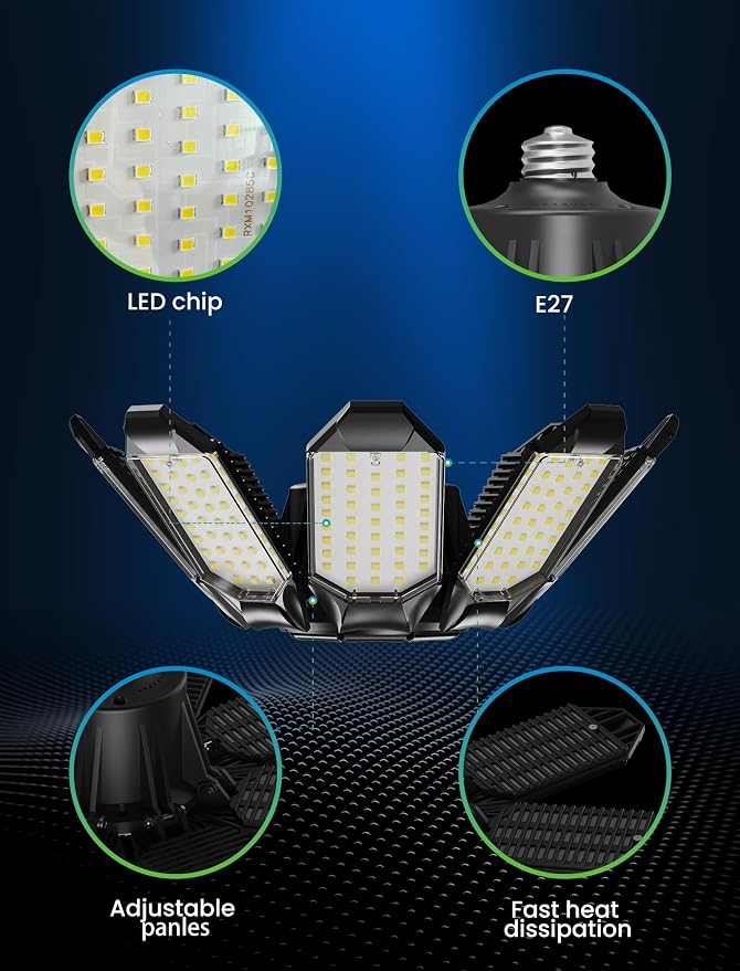 LED Garage Lights - 250W, 6500K, 25000LM Deformable LED Garage Lighting Fixture, Shop Lights for Garage, Basement, Barn, High Bay Light