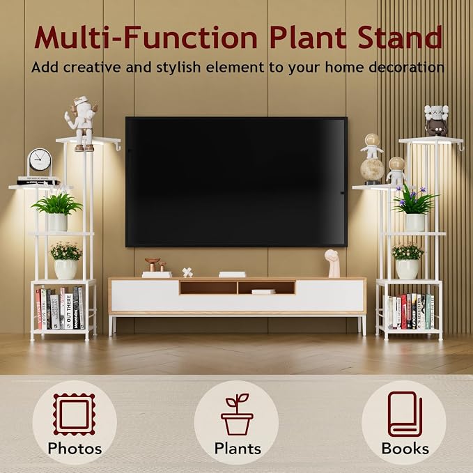 Plant Stand Indoor with Grow Light - 5-Tier Metal Plant Shelf with Hanging Basket Hook, Corner Tall Flower Holder for Multiple Plants, Living Room Balcony Garden Patio, White