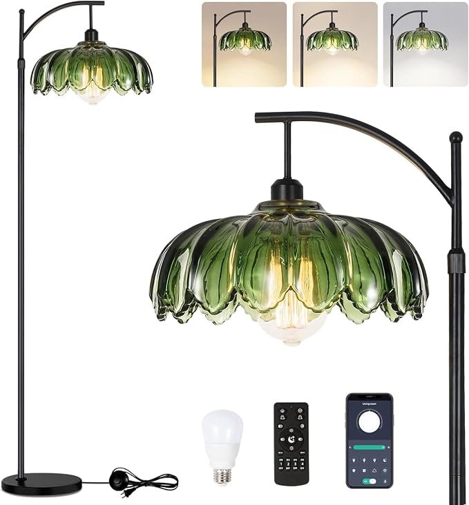 ILLMTW Glass Floor Lamp for Living Room,Bedroom,Mid Century Modern Standing Lamp with Remote,Dimmable Black Tall Lamp Lamp Vintage Retro Arc Floor Lamps Flower Floor Light Boho Bohemian