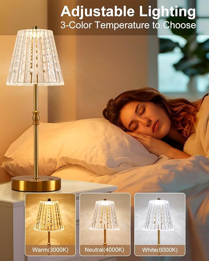 SAIWEYA Cordless Table Lamp Battery Operated Touch Dimming Crystal Lamp | 3 Colors Modes, Rechargeable LED Desk Lamp Night Light for Bedroom, Kitchen, Bar, Office