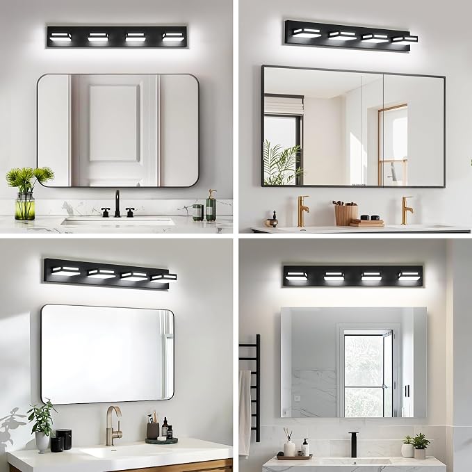 LED Modern Bathroom Light Fixtures, 4-Light 30-Inch Matte Black Vanity Lights for Bathroom Lighting Fixtures Over Mirror, 6000K Cool White 350° Rotatable Wall Lamp