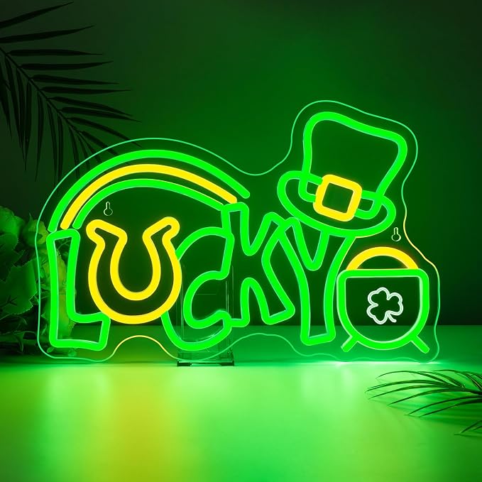 Lucky Clover Neon Sign Green Leaf Light for St. Patrick's Day Decoration | 15.7IN*9.8IN,Five level brightness adjustment,USB power,For Bar,Club,Pub,Party,Restaurant,Bedroom,Home,Family