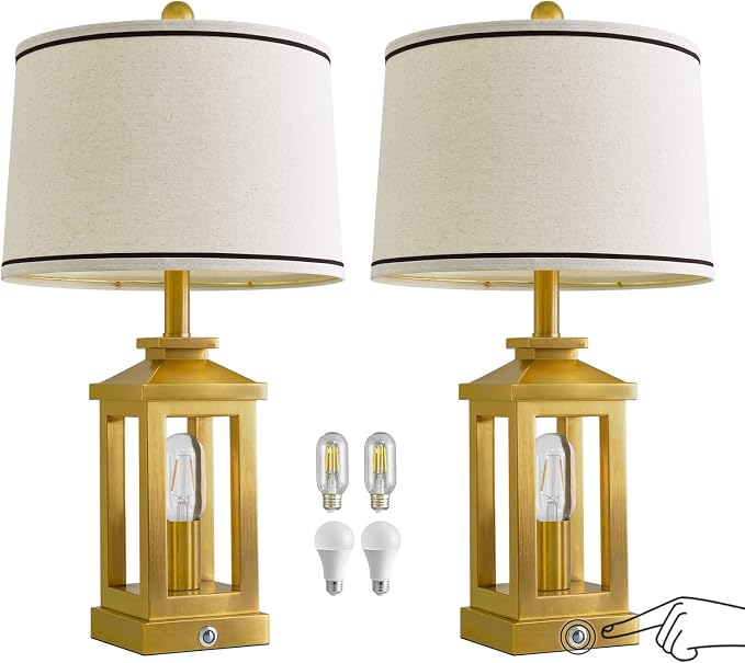 24" Table Lamps for Living Room Bedroom Modern Gold Bedside Lamps Set of 2 Nightstand Lamps for Night Stands 3 Way Dimmable Touch Lamp with USB C+A Ports and 2 Light Sources, 4 Bulbs Includes