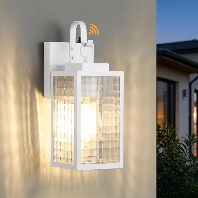 11.8-Inch Dusk to Dawn Outdoor wall Light, Simple White Porch Light | All-Metal Frame, Rust-Resistant Outdoor Lighting Fixture, Checkered Tempered Glass,Easy to Install