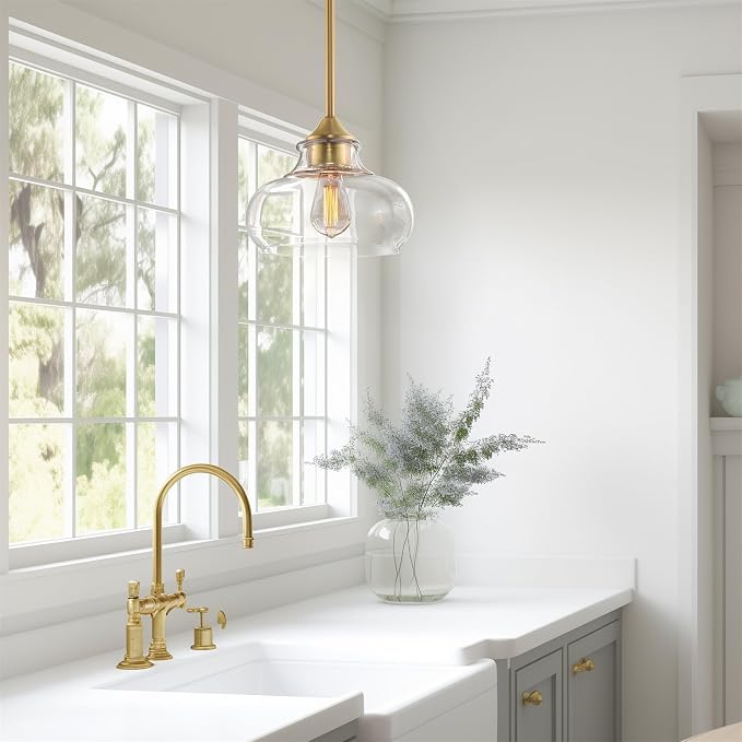 Kira Home Harlow 9" Modern Schoolhouse Pendant Light for Ktichen Island | Clear Glass Shade, Industrial Farmhouse Hanging Fixture, Premium Warm Brass Finish