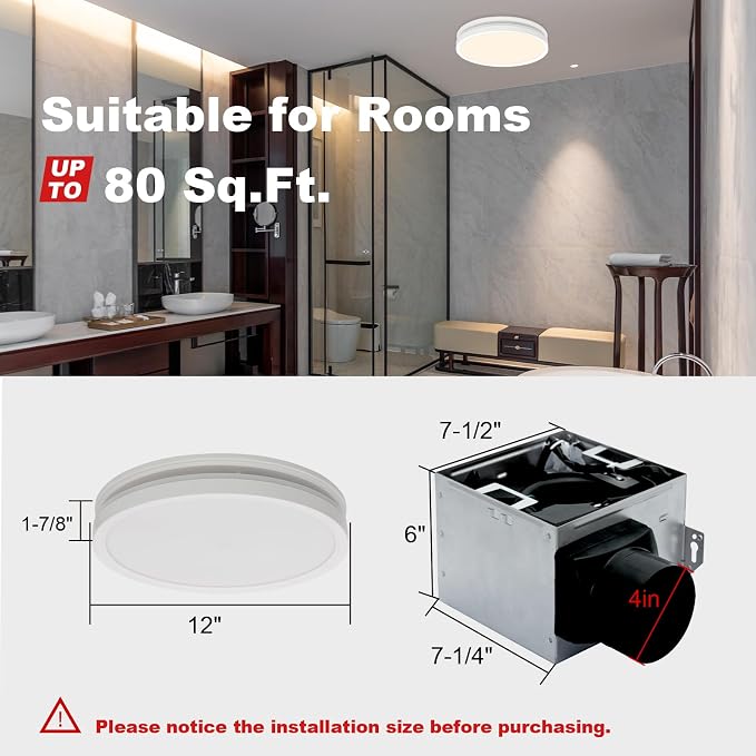 Akicon Bathroom Exhaust Fan with Light, 80 CFM 2.0 Sones Bathroom Fan for Ceiling, 3CCT 15W Dimmable LED Light and 3.5W Nightlight Vent Fan Combo for Home, Round, White