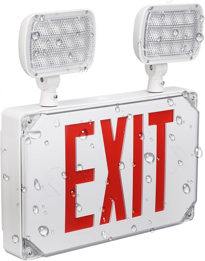 LEONLITE Wet Location LED Exit Sign with Emergency Lights White | UL Listed, AC 120/277V, Outdoor Hardwired Red Letter Exit Light with Battery Backup, 2 Dual Heads, Double Face