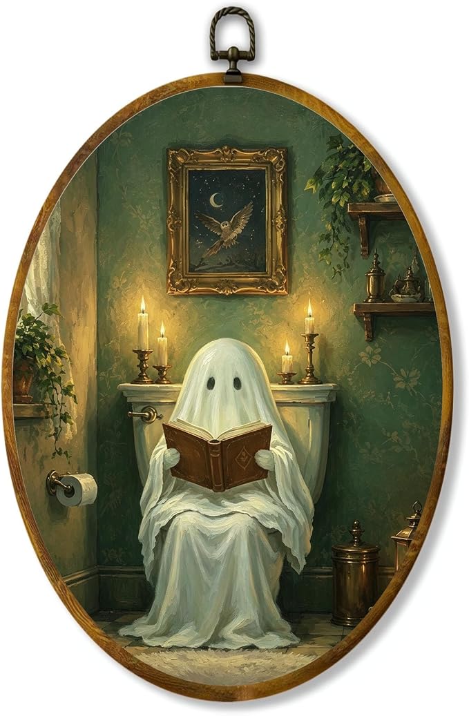 Reading Ghost Oval Wall Art, Framed Canvas Decor, 8.5x11.5 Inch | Reading ghost in vintage bathroom, candlelight, gothic cottagecore Halloween decor