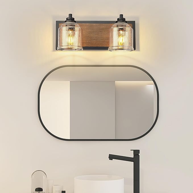 Vanity Lights for Bathroom Large 15.8", Farmhouse Rustic Vanity Light with Bubble Glass Shades, Brown 2 Light Bathroom Lighting Fixtures Over Mirror, Bath Wall Sconce Home Decor